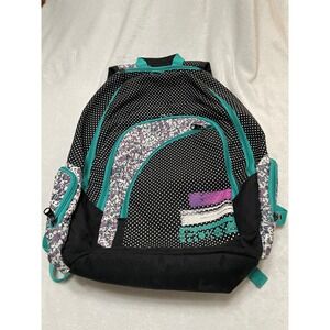 ROXY Backpack Black White Polka Dot Floral Teal Trim School Travel Bag